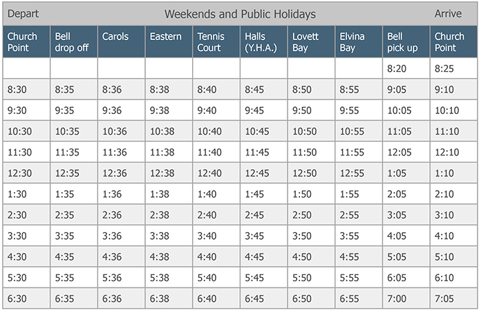 Church Point Ferry Service timetable: weekends and public holidays